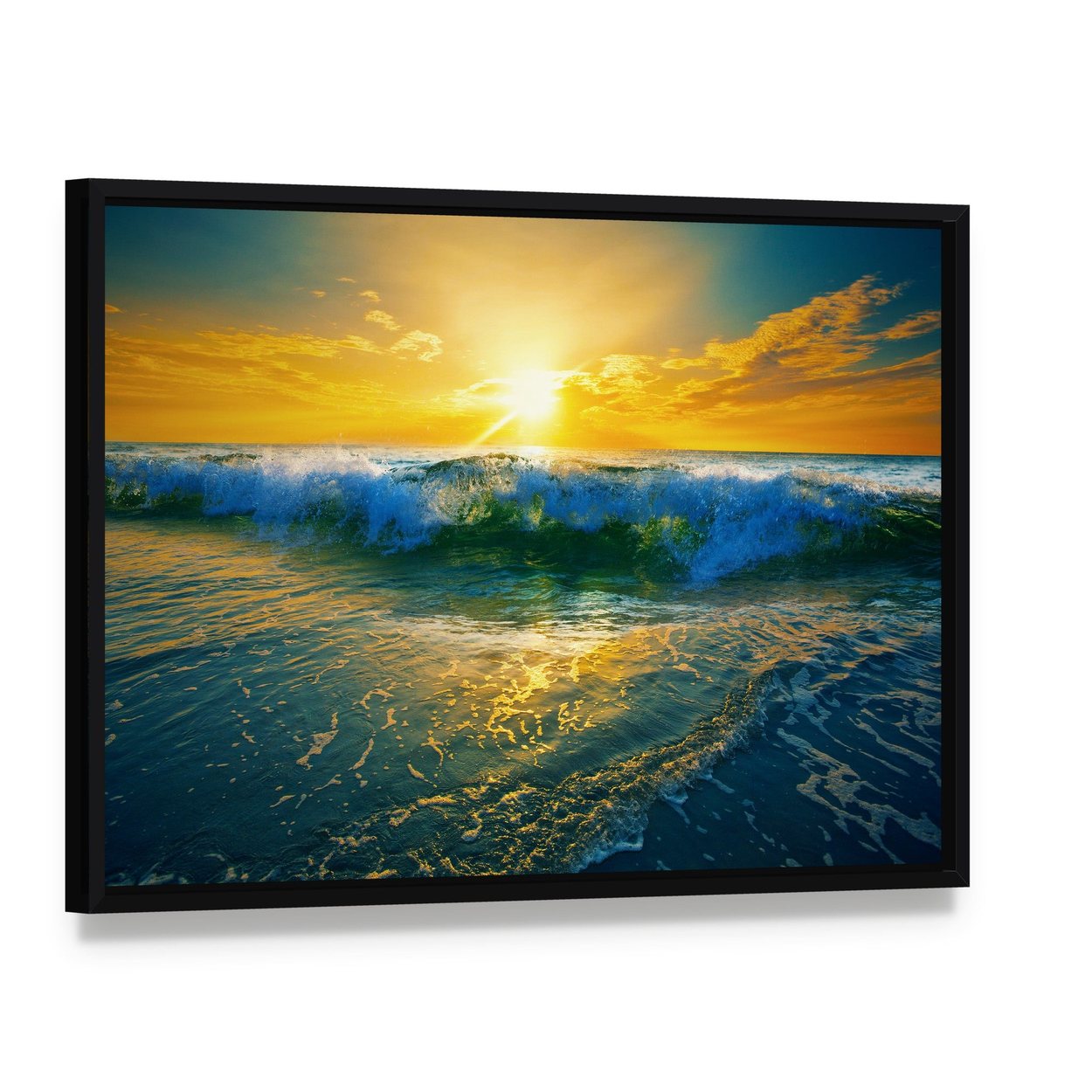 Ocean Waves at Sunrise Canvas Wall Art, framed canvas in a black floater frame, angled product view