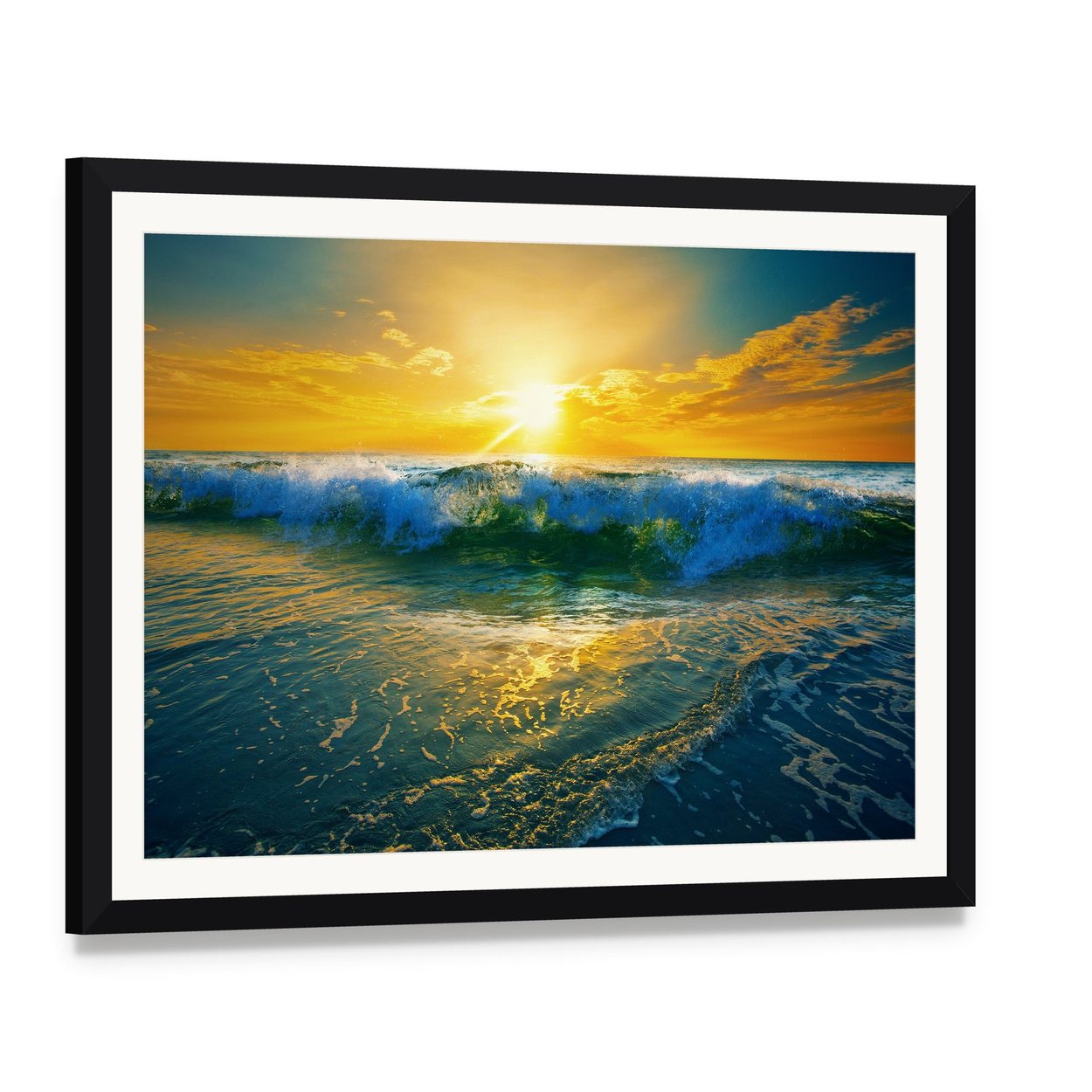 Ocean Waves at Sunrise Canvas Wall Art, framed print with white mat and black frame, angled product view