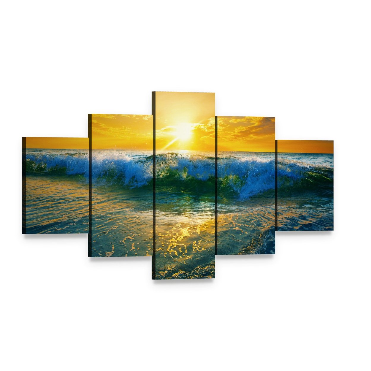 Ocean Waves at Sunrise Canvas Wall Art, 5 panel 5 Star layout gallery wrapped canvas set, angled product view