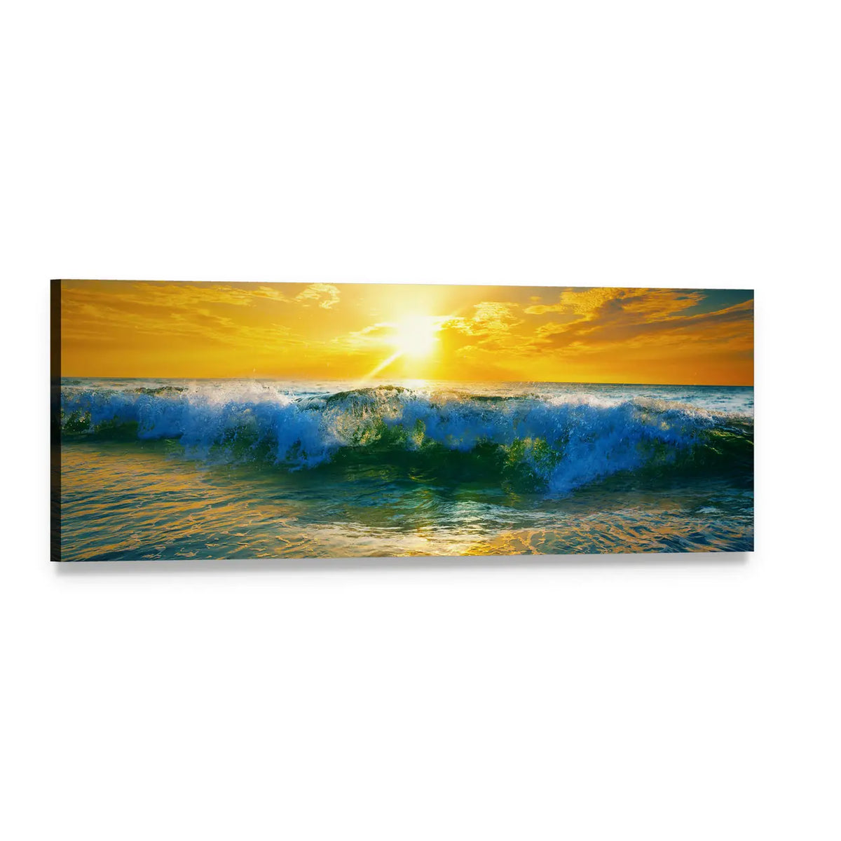 Golden Sunrise Breaking Wave Panoramic Canvas Wall Art, single panel gallery wrapped canvas, angled product view