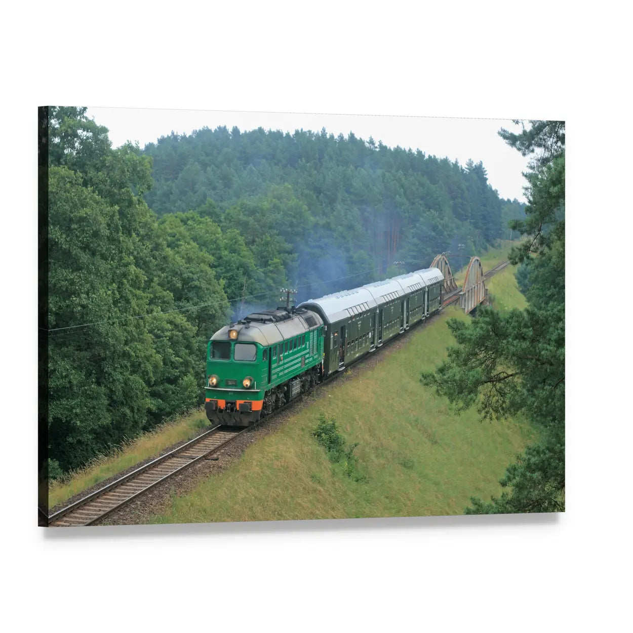Passenger Train Through Polish Countryside Canvas Wall Art, single panel gallery wrapped canvas, angled product view