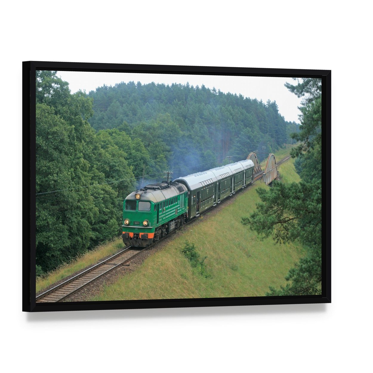 Passenger Train Passing Through Polish Countryside Canvas Wall Art, framed canvas in a black floater frame, angled product view