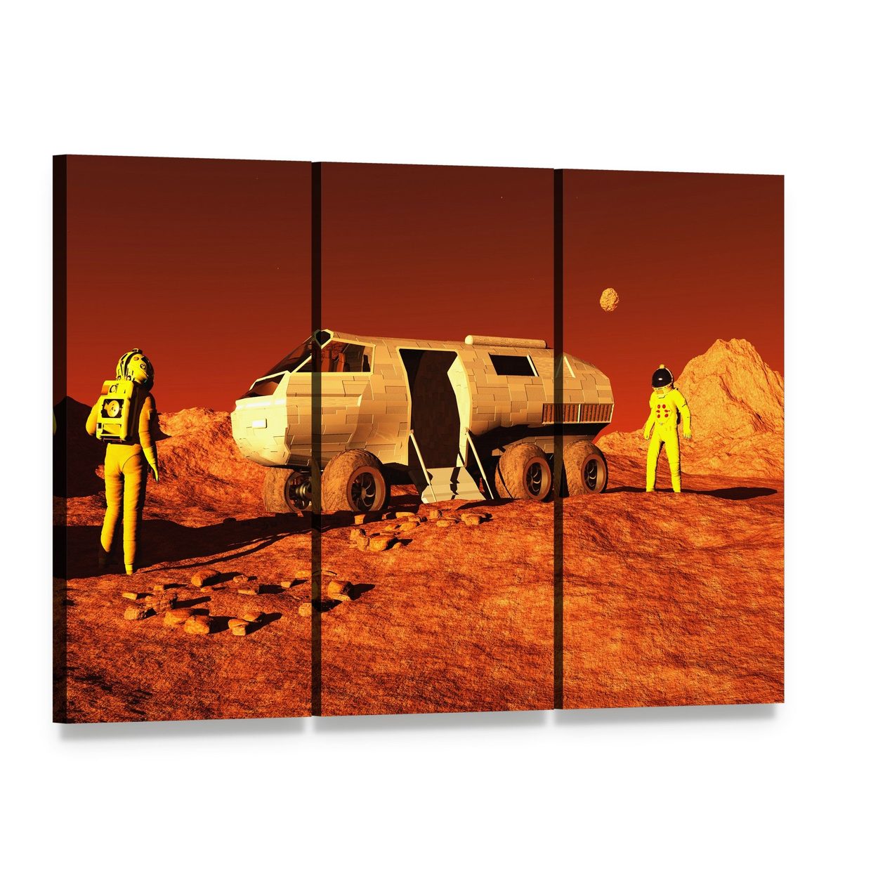 Astronauts and Mars Rover Canvas Wall Art, 3 panel 3 Horizontal layout gallery wrapped canvas set, angled product view