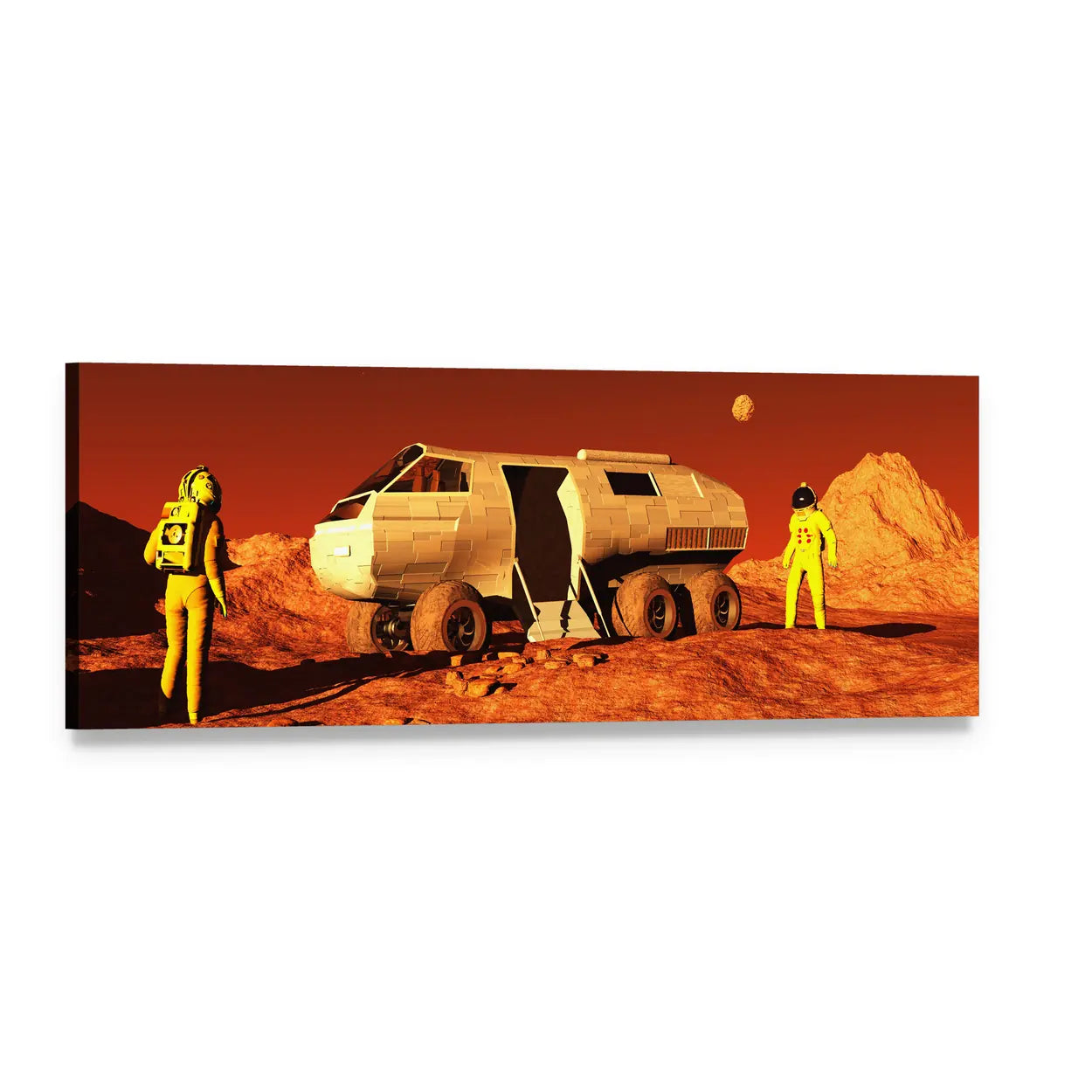 Astronauts and Mars Rover Panoramic Canvas Wall Art, single panel gallery wrapped canvas, angled product view