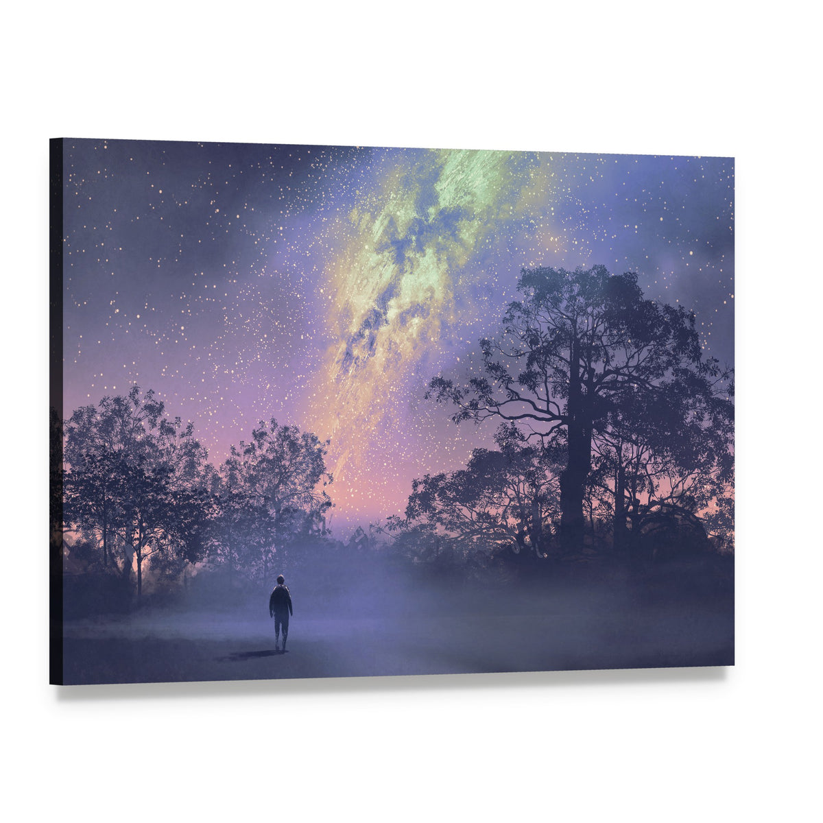 Man Silhouette Under Vibrant Milky Way Canvas Wall Art, single panel gallery wrapped canvas, angled product view