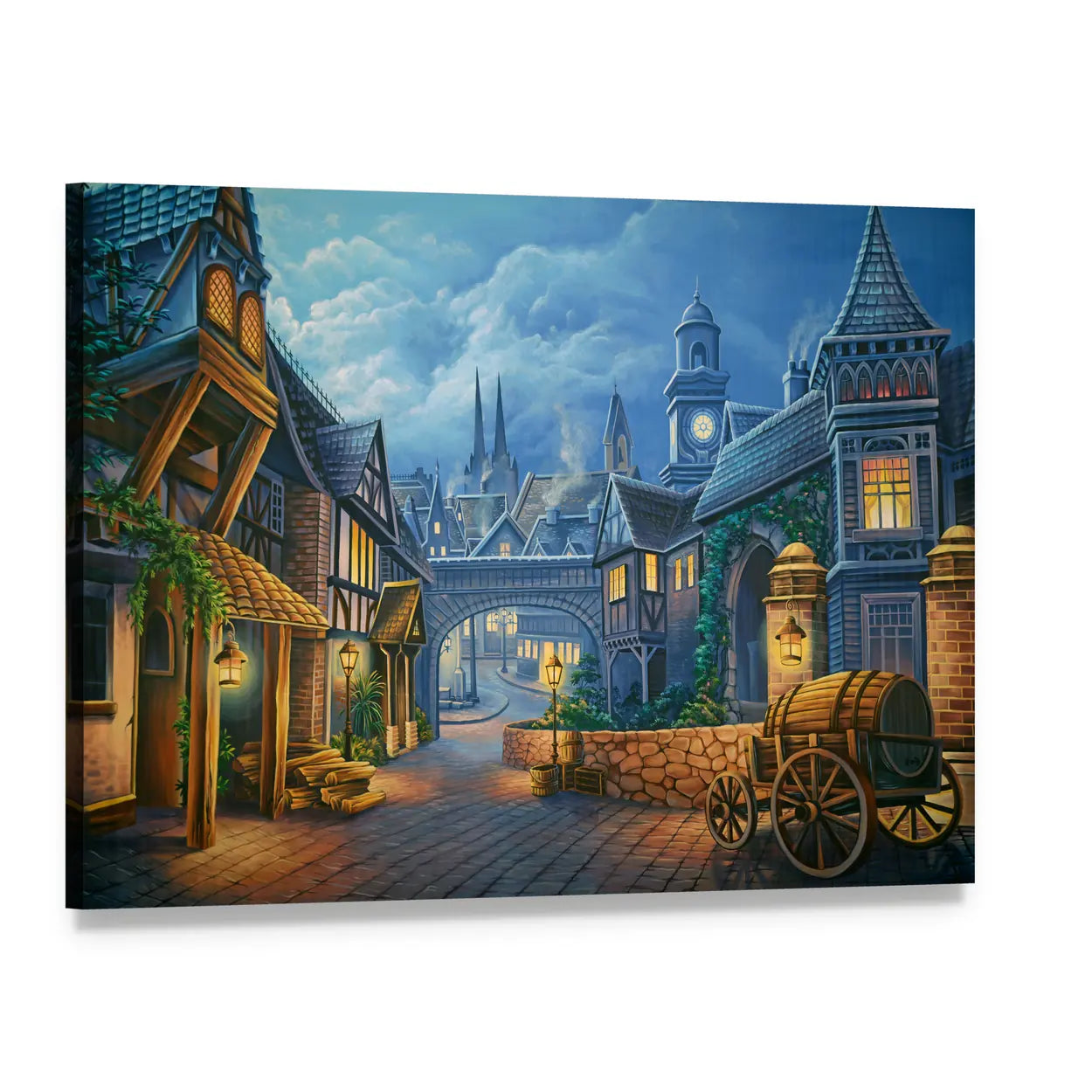 Twilight Medieval Village Through Stone Archway Canvas Wall Art, single panel gallery wrapped canvas, angled product view