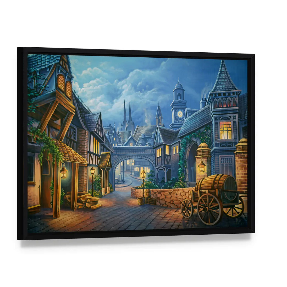 Twilight Medieval Village Through Stone Archway Canvas Wall Art, framed canvas in a black floater frame, angled product view