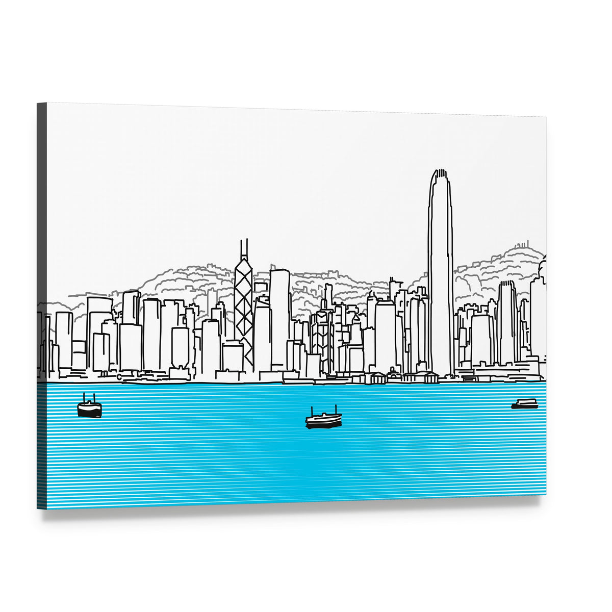 Stylized City Skyline Over Blue Water Canvas Wall Art, single panel gallery wrapped canvas, angled product view