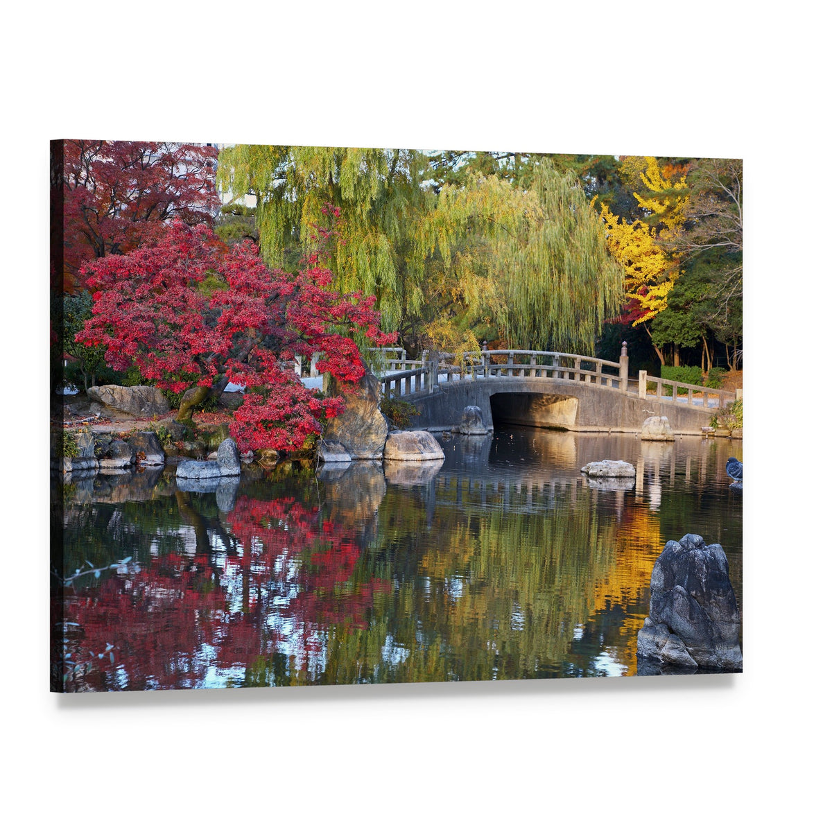Japanese Pond with Arched Stone Bridge Canvas Wall Art, single panel gallery wrapped canvas, angled product view