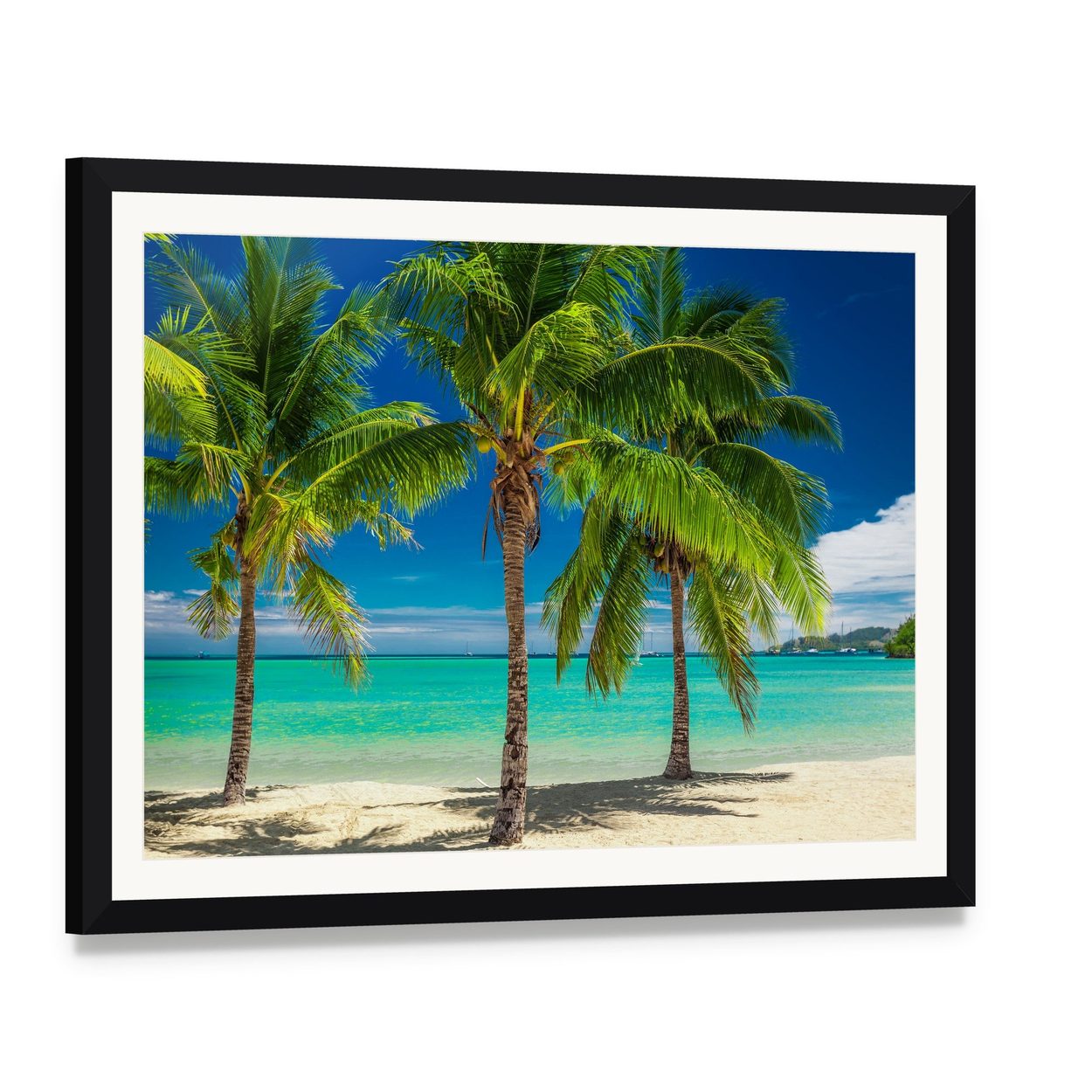 Palm Trees Over Turquoise Lagoon in Fiji Canvas Wall Art, framed print with white mat and black frame, angled product view