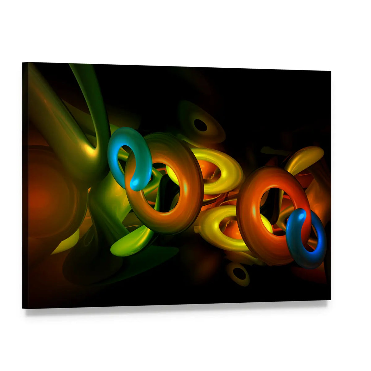 Colorful 3d Interlocking Rings Canvas Wall Art, single panel gallery wrapped canvas, angled product view