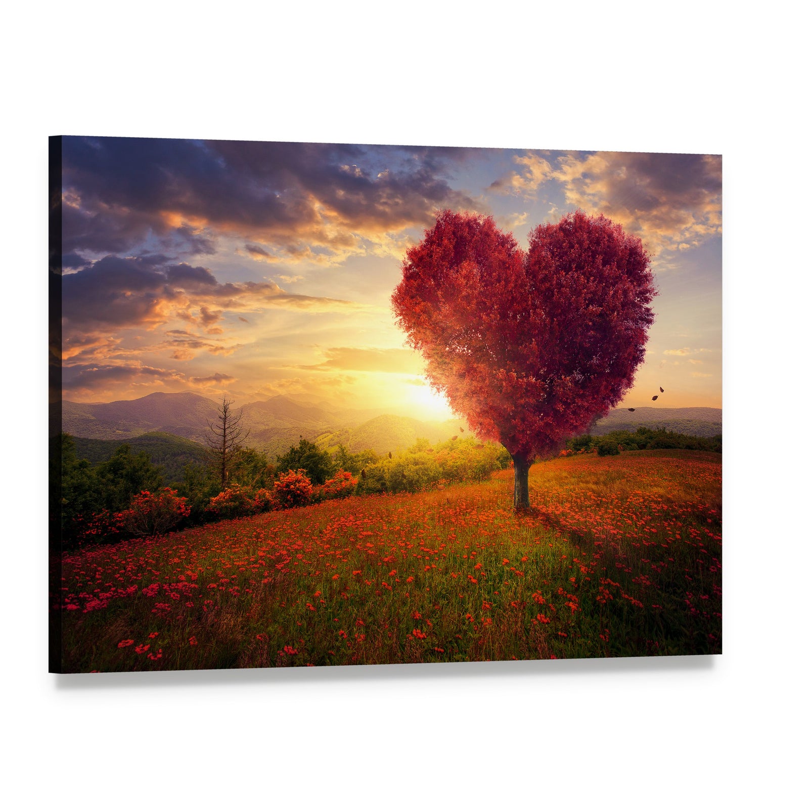 Red Heart Shaped Tree at Sunset Canvas Wall Art, single panel gallery wrapped canvas, angled product view