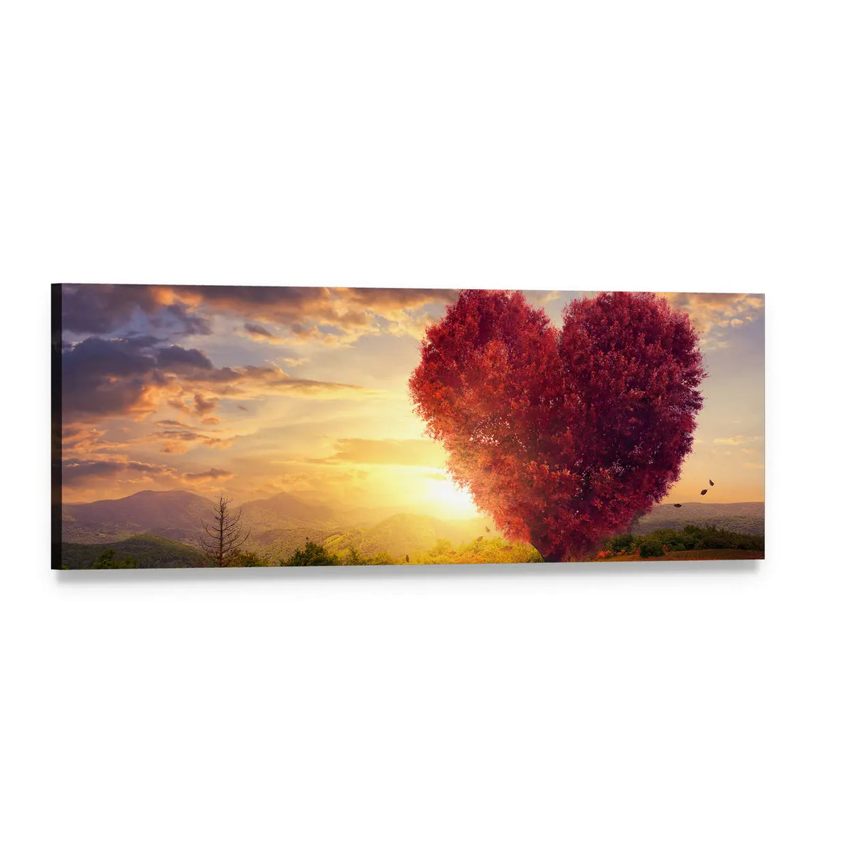 Red Heart-shaped Tree at Sunset Panoramic Canvas Wall Art, single panel gallery wrapped canvas, angled product view