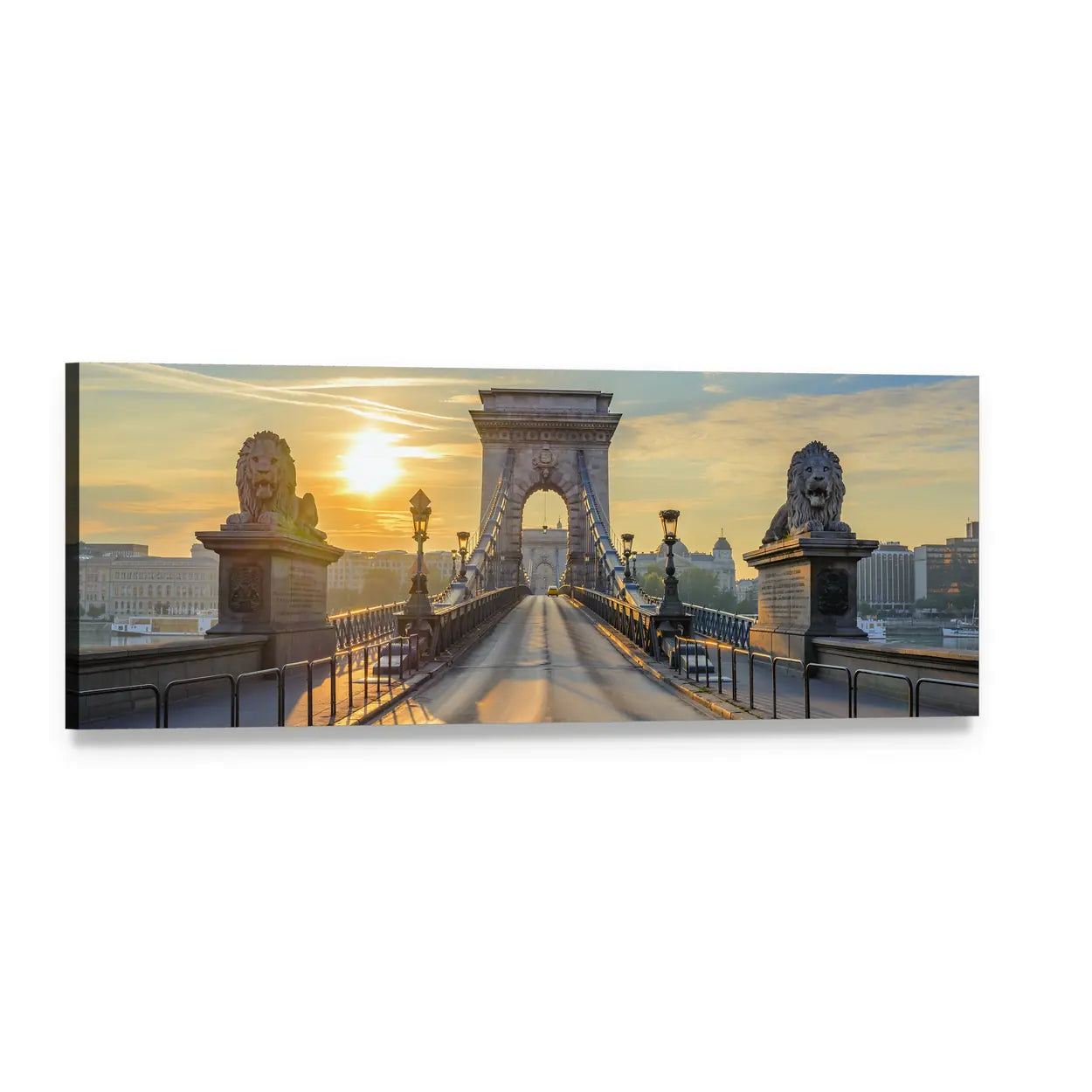 Széchenyi Chain Bridge at Sunrise Panoramic Canvas Wall Art, single panel gallery wrapped canvas, angled product view