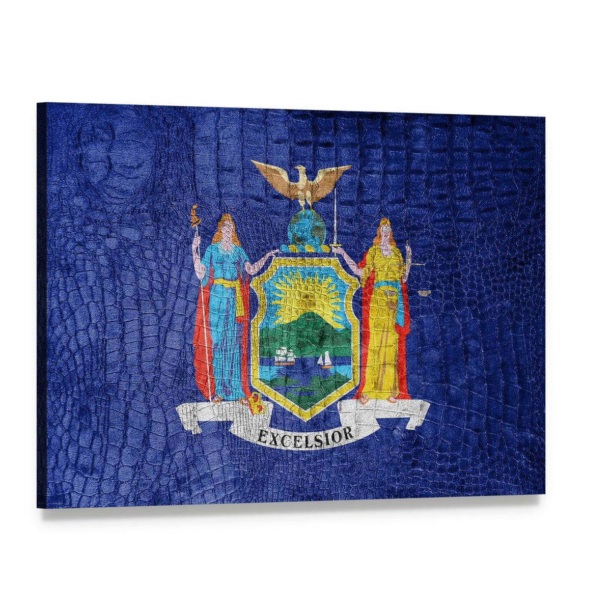 New York State Flag with Coat of Arms Canvas Wall Art, single panel gallery wrapped canvas, angled product view