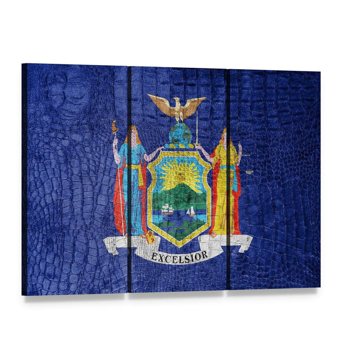 New York State Flag with Coat of Arms Canvas Wall Art, 3 panel 3 Horizontal layout gallery wrapped canvas set, angled product view