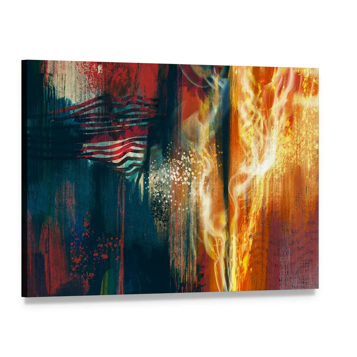 Abstract American Flag in Flames Canvas Wall Art, single panel gallery wrapped canvas, angled product view
