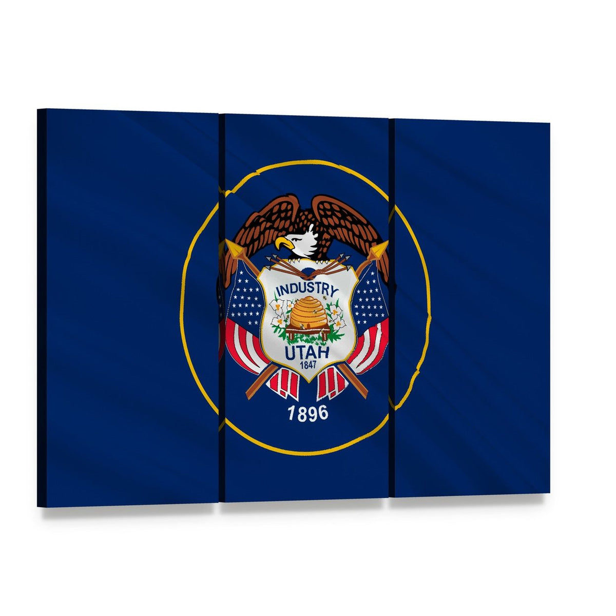 Former Utah State Flag 1913–2024 Canvas Wall Art, 3 panel 3 Horizontal layout gallery wrapped canvas set, angled product view