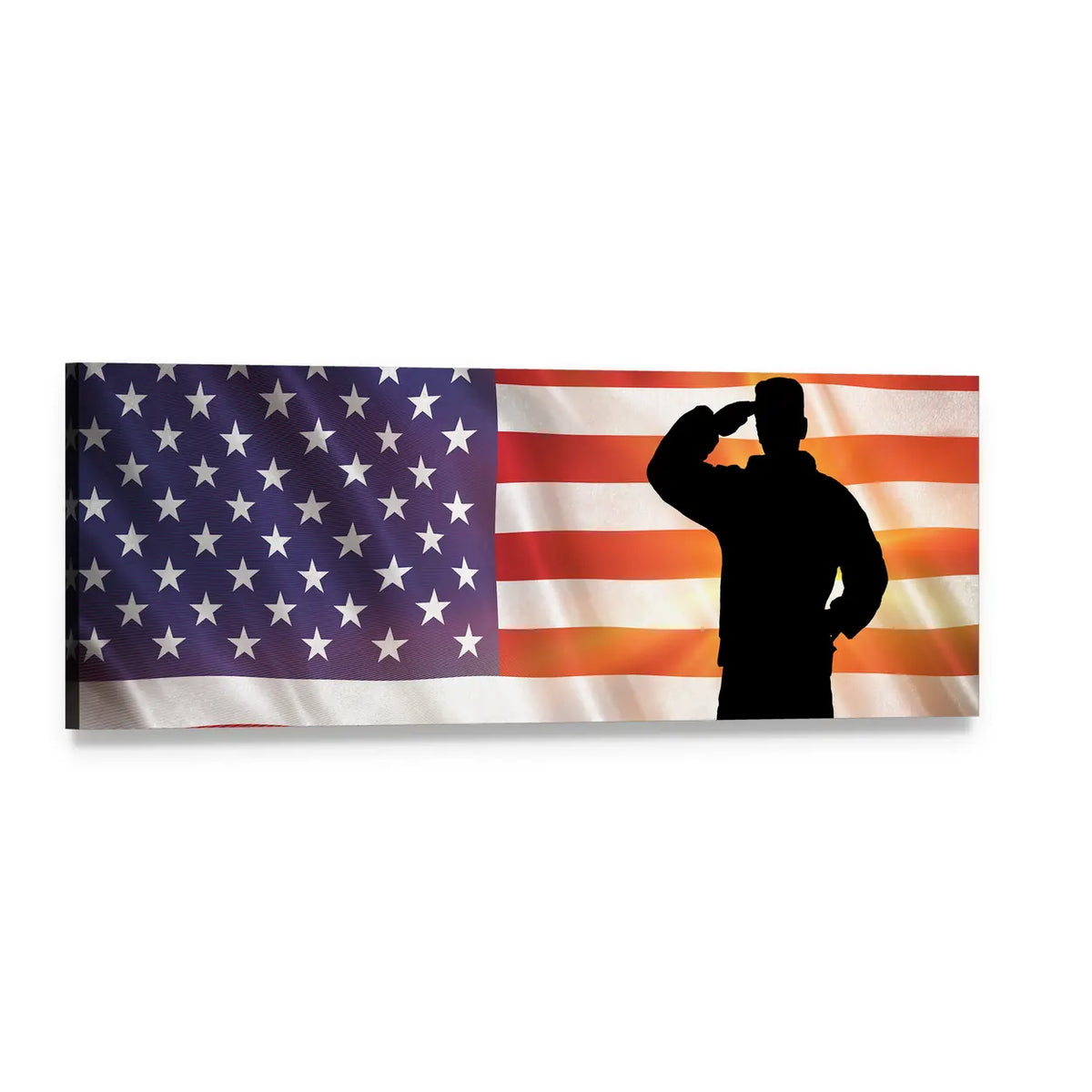 Veteran Silhouette with American Flag Panoramic Canvas Wall Art, single panel gallery wrapped canvas, angled product view