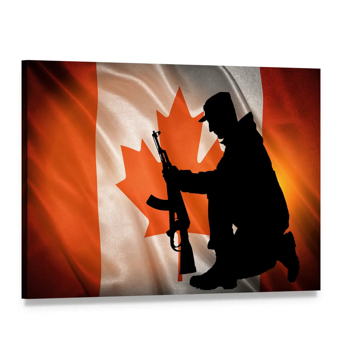 Kneeling Soldier with Rifle and Canadian Flag Canvas Wall Art, single panel gallery wrapped canvas, angled product view