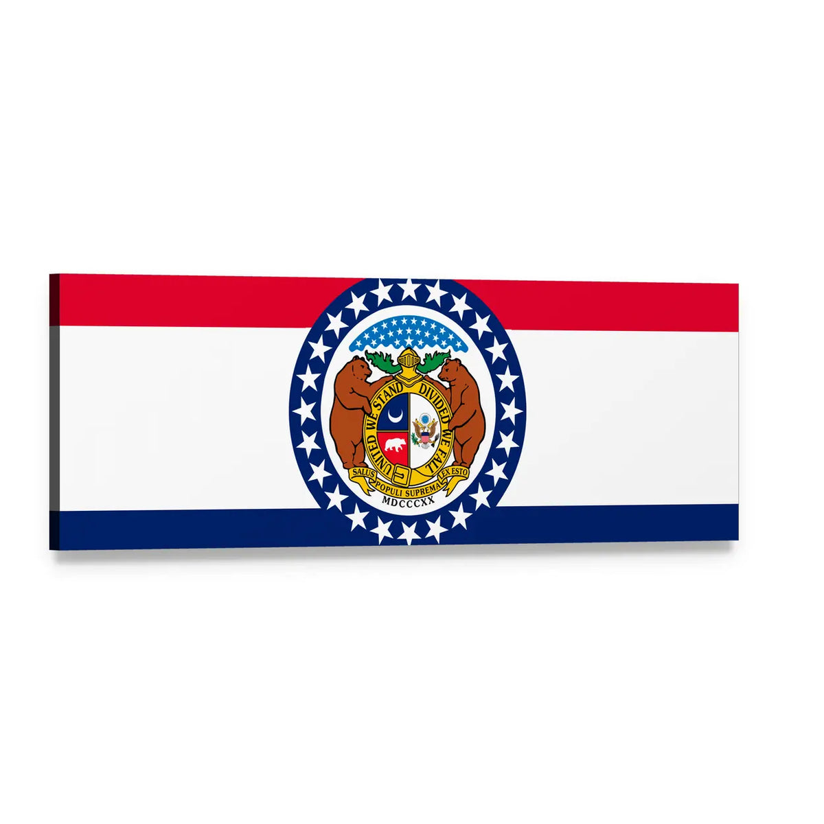 Missouri State Flag with Grizzly Bears Panoramic Canvas Wall Art, single panel gallery wrapped canvas, angled product view