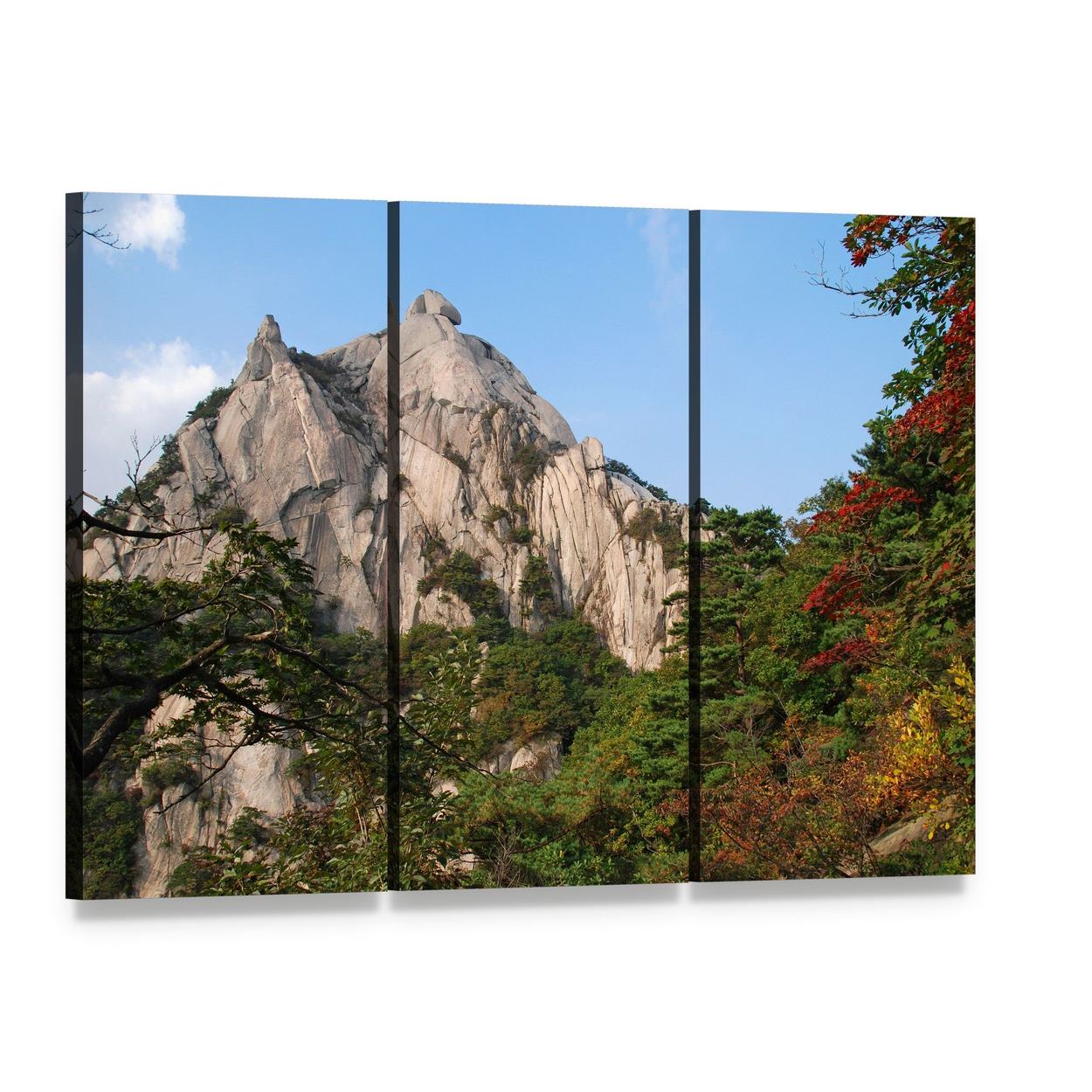 Bukhansan Mountains in Autumn Canvas Wall Art, 3 panel 3 Horizontal layout gallery wrapped canvas set, angled product view