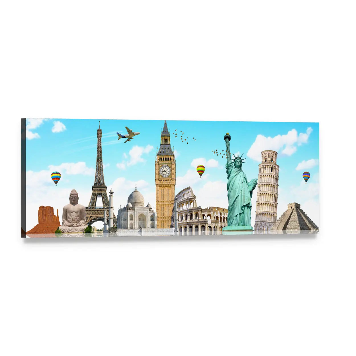 Famous World Monuments Collage Panoramic Canvas Wall Art, single panel gallery wrapped canvas, angled product view