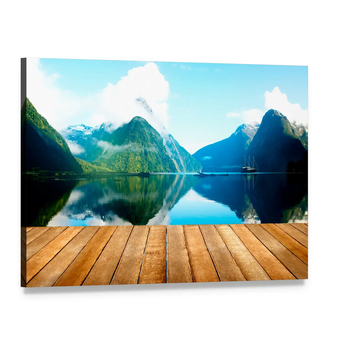 Wooden Pier and Mountain Lake Canvas Wall Art, single panel gallery wrapped canvas, angled product view