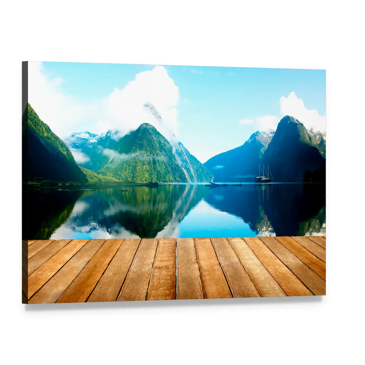 Wooden Pier and Mountain Lake Canvas Wall Art, single panel gallery wrapped canvas, angled product view