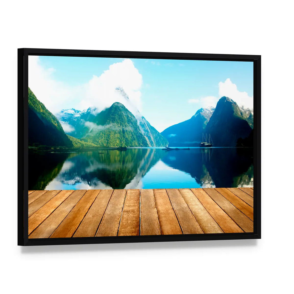 Wooden Pier and Mountain Lake Canvas Wall Art, framed canvas in a black floater frame, angled product view