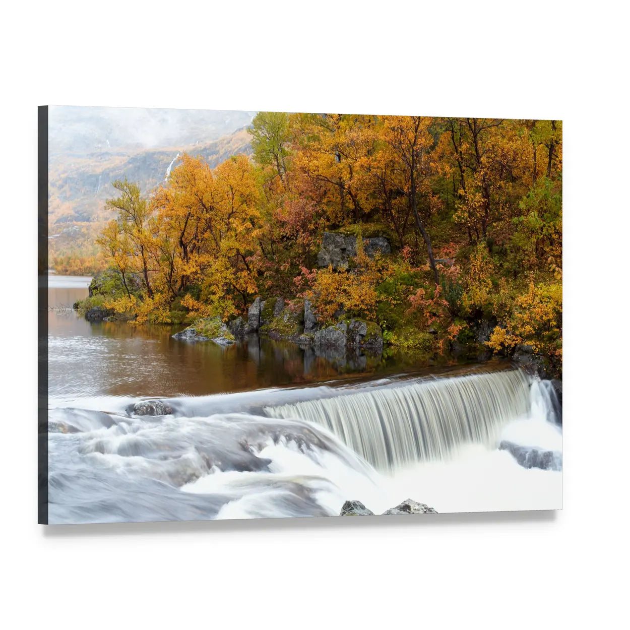 Autumn Waterfall in the Woods Canvas Wall Art, single panel gallery wrapped canvas, angled product view