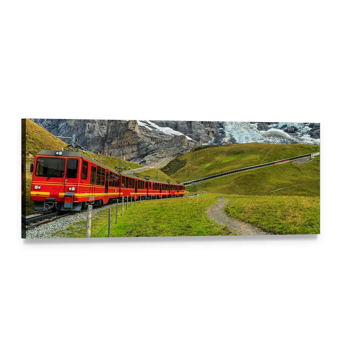 Red Cogwheel Train in Switzerland Panoramic Canvas Wall Art, single panel gallery wrapped canvas, angled product view