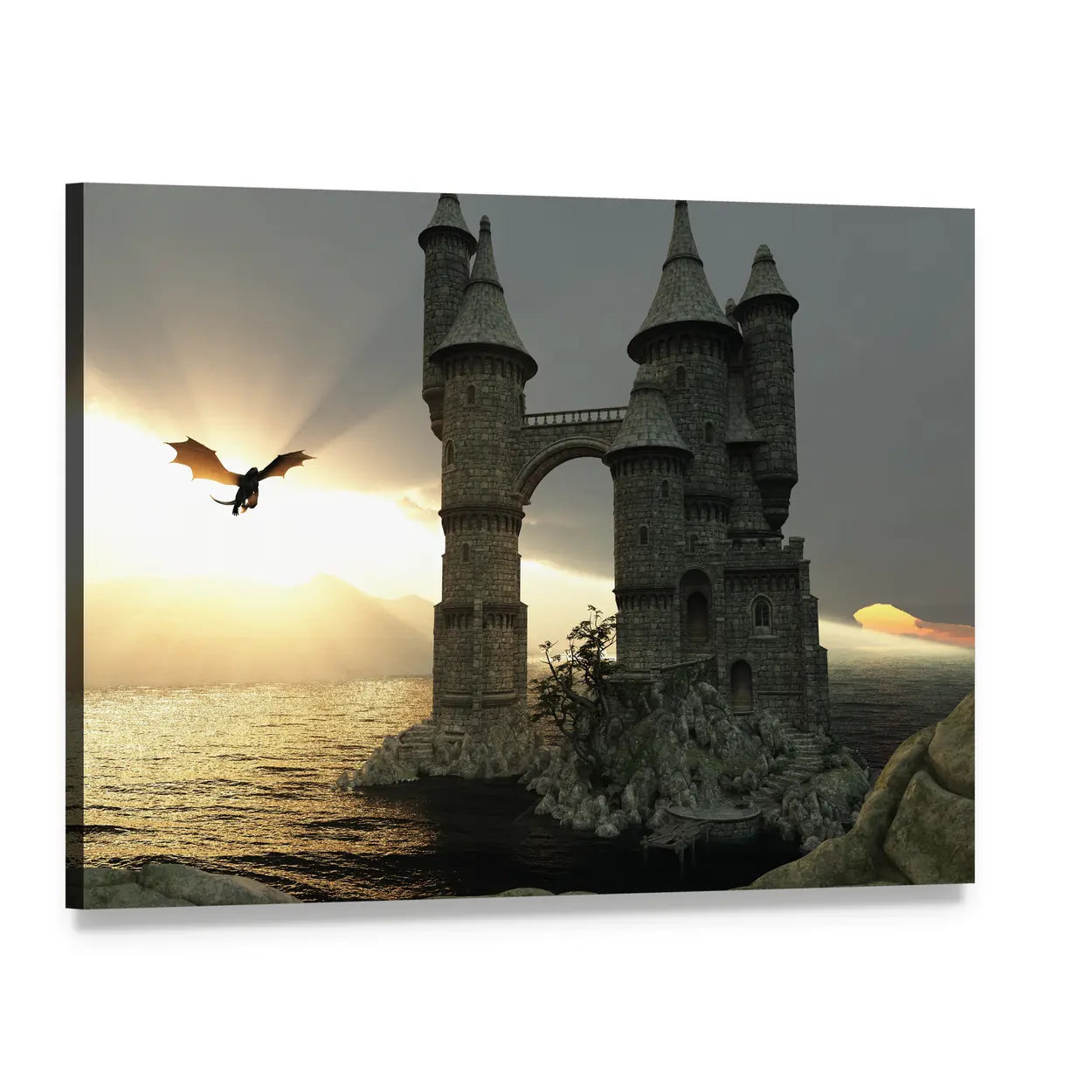 Stone Castle and Flying Dragon at Sunset Canvas Wall Art, single panel gallery wrapped canvas, angled product view