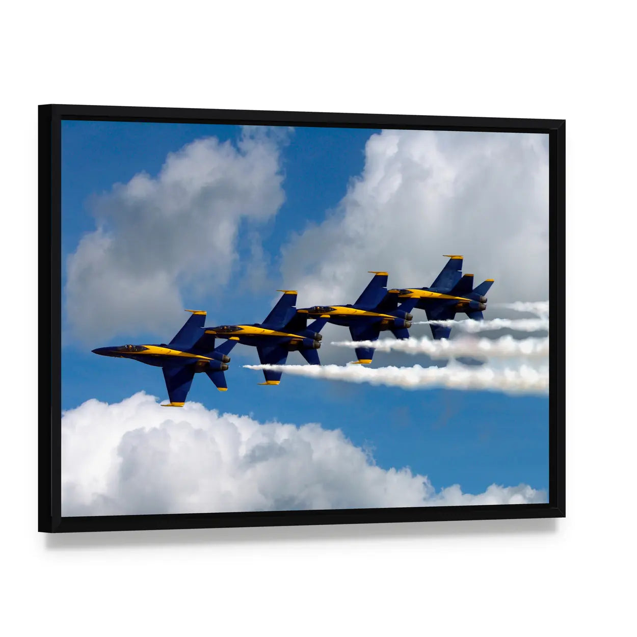 Blue Angels F/a-18 Echelon Formation Canvas Wall Art, framed canvas in a black floater frame, angled product view