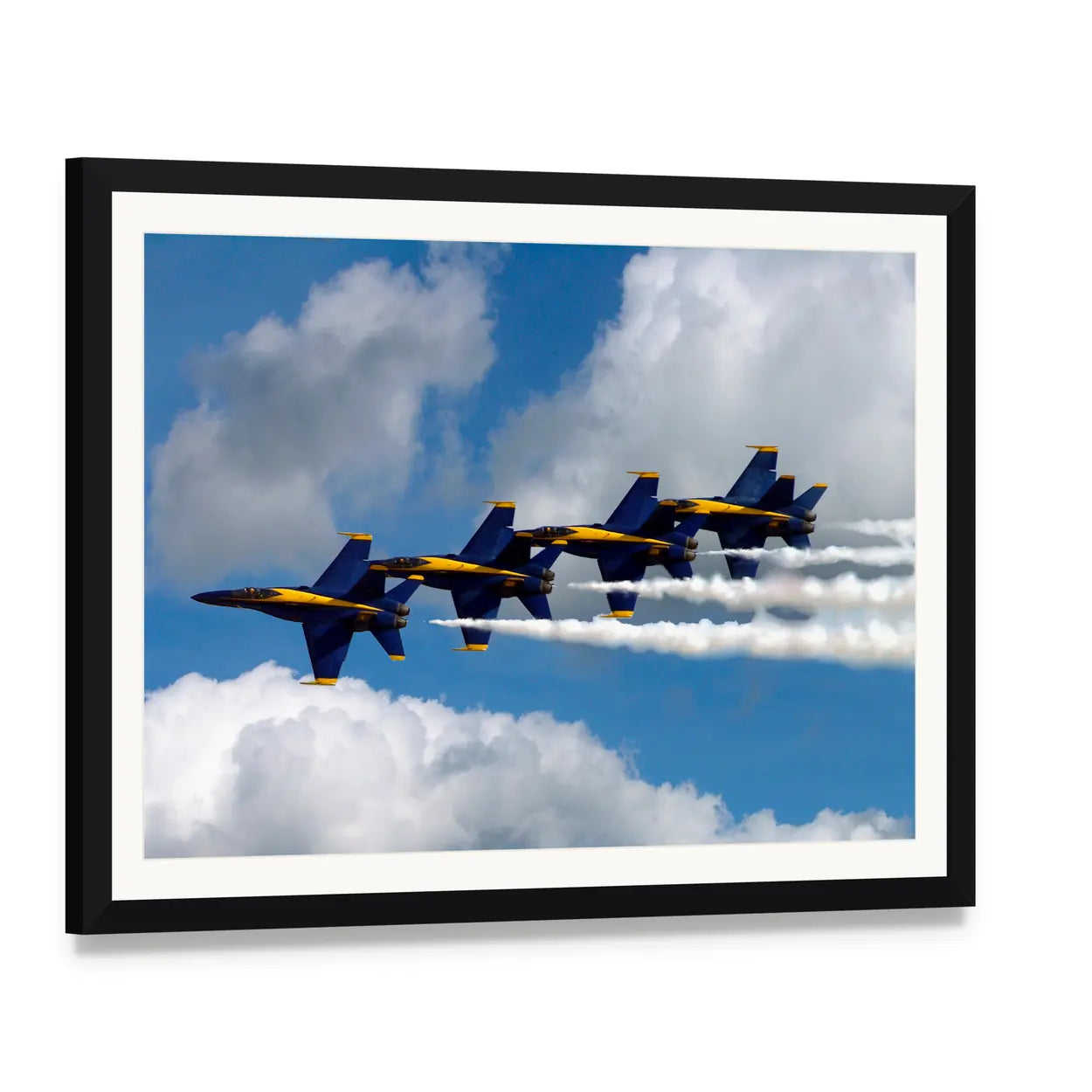 Blue Angels F/a-18 Echelon Formation Canvas Wall Art, framed print with white mat and black frame, angled product view
