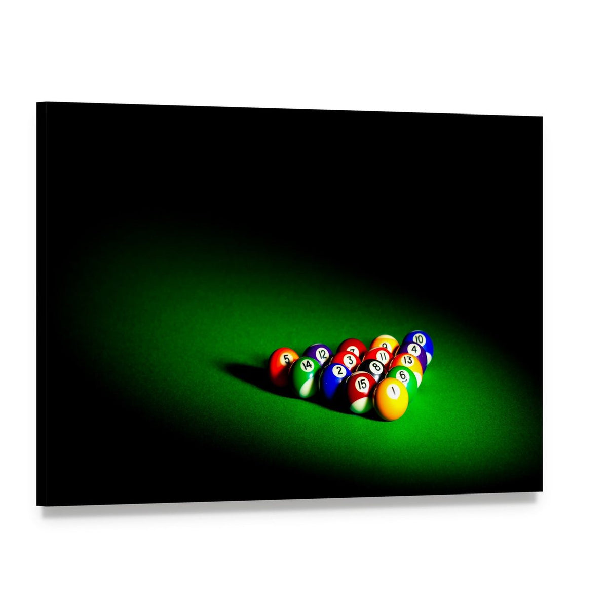 Billiard Balls Under Light Canvas Wall Art, single panel gallery wrapped canvas, angled product view