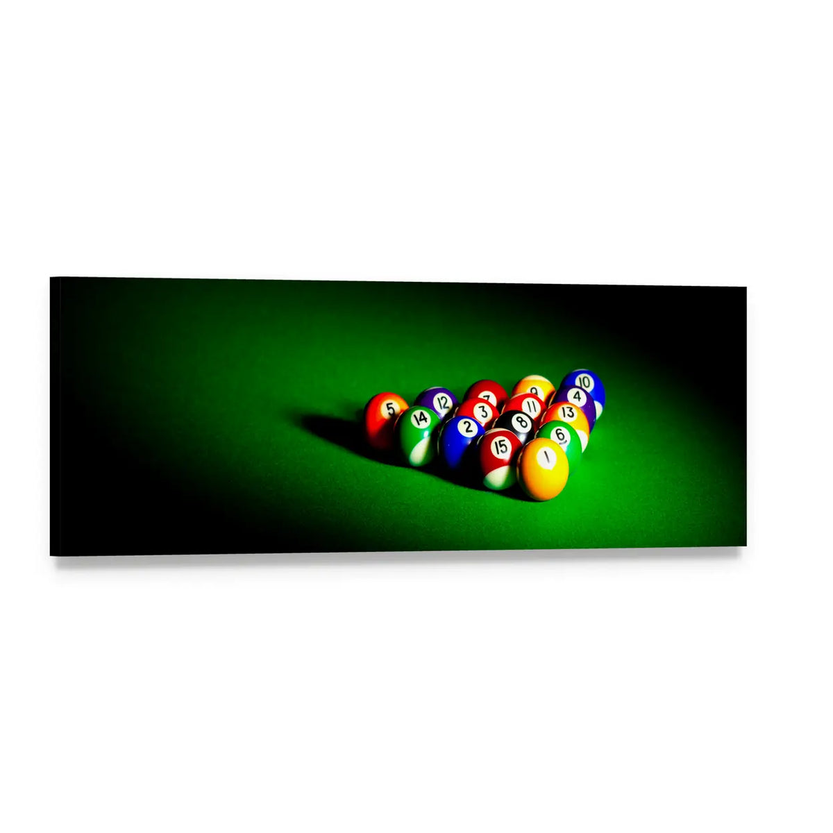 Numbered Billiard Balls Under Spotlight Panoramic Canvas Wall Art, single panel gallery wrapped canvas, angled product view
