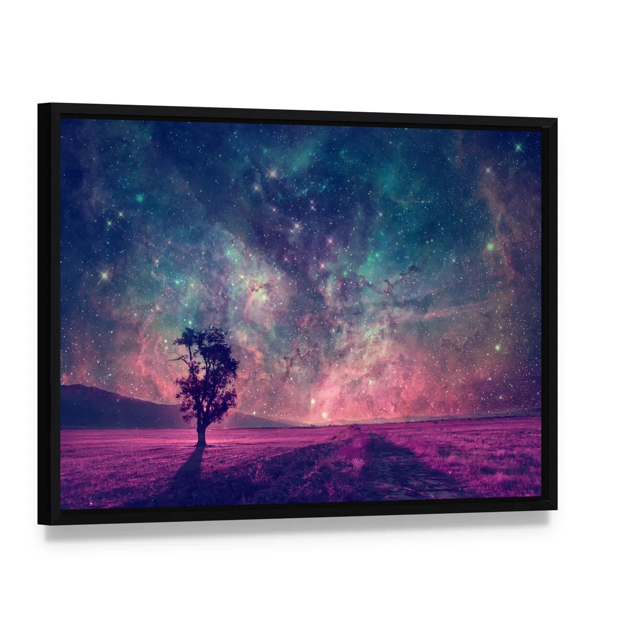 Alien Planet Nebula Silhouette Canvas Wall Art, framed canvas in a black floater frame, angled product view