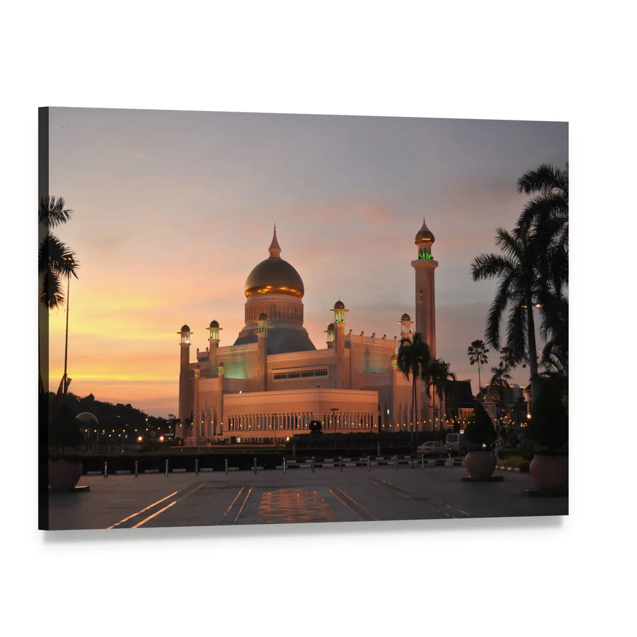Omar Ali Saifuddien Mosque at Dusk Canvas Wall Art, single panel gallery wrapped canvas, angled product view