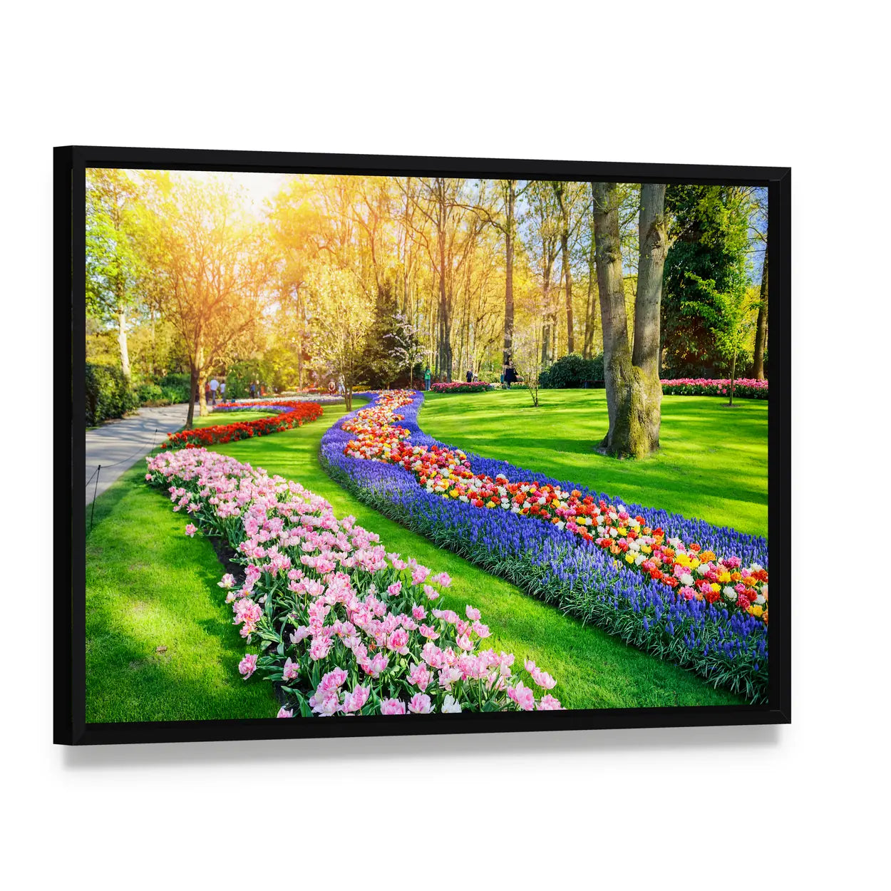 Multicolor Tulip Garden in Spring Canvas Wall Art, framed canvas in a black floater frame, angled product view