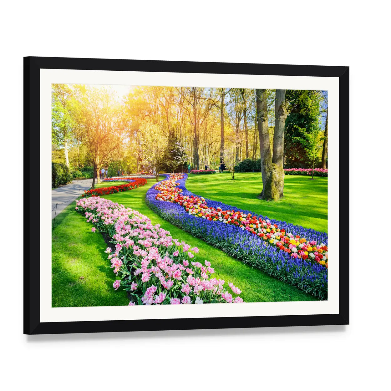 Multicolor Tulip Garden in Spring Canvas Wall Art, framed print with white mat and black frame, angled product view