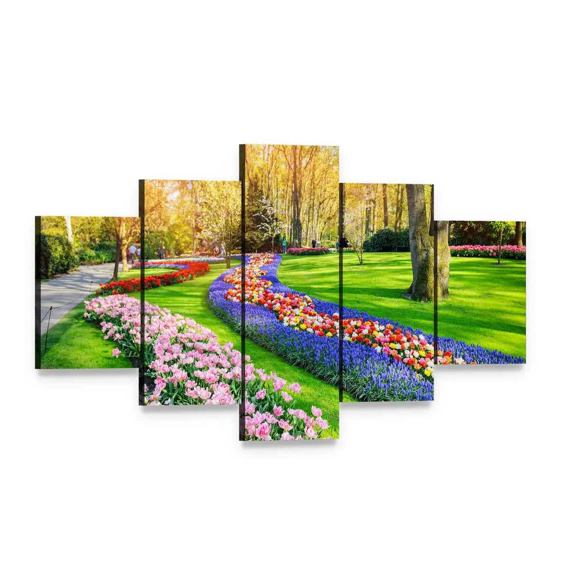 Multicolor Tulip Garden in Spring Canvas Wall Art, 5 panel 5 Star layout gallery wrapped canvas set, angled product view