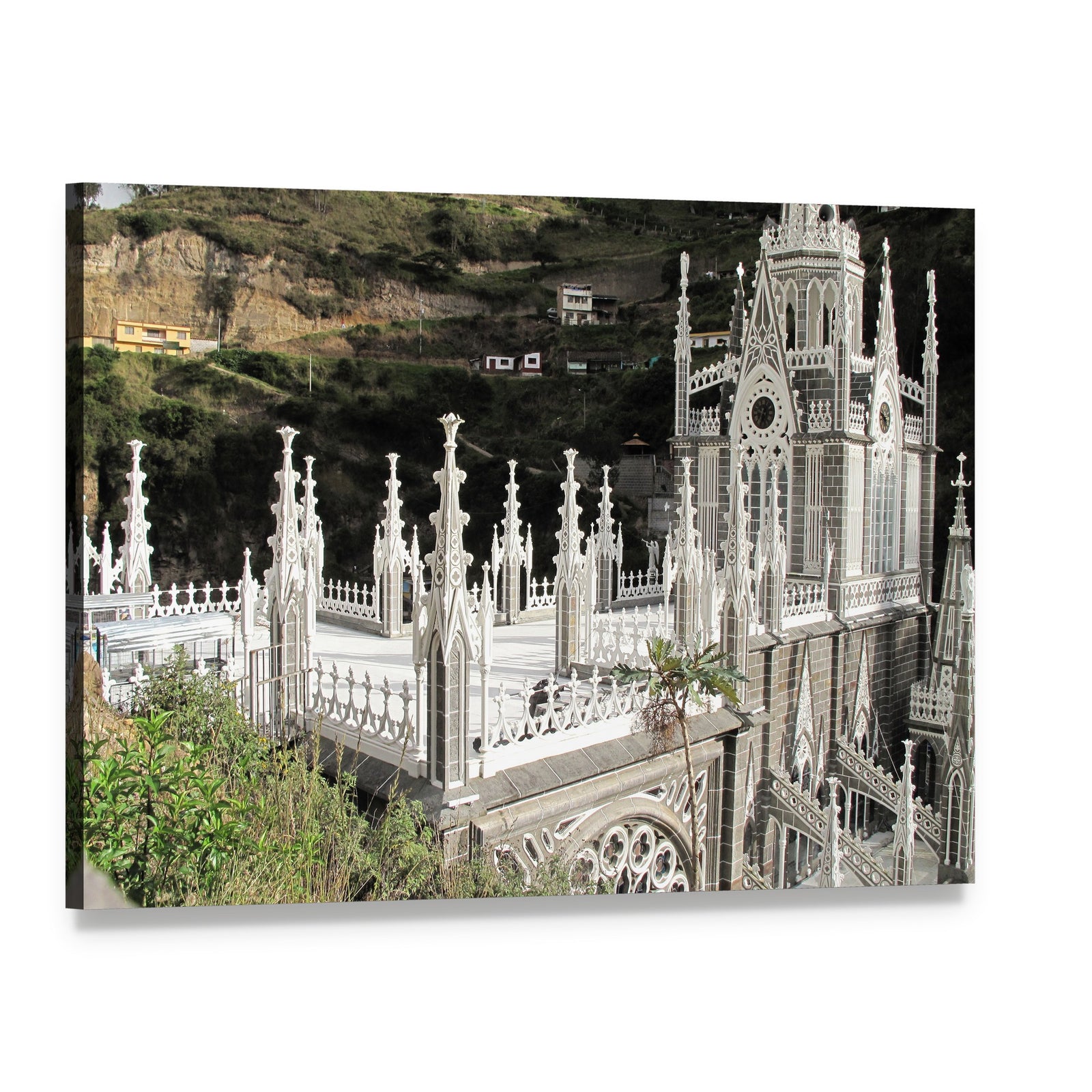 Las Lajas Church Gothic Architecture Canvas Wall Art, single panel gallery wrapped canvas, angled product view