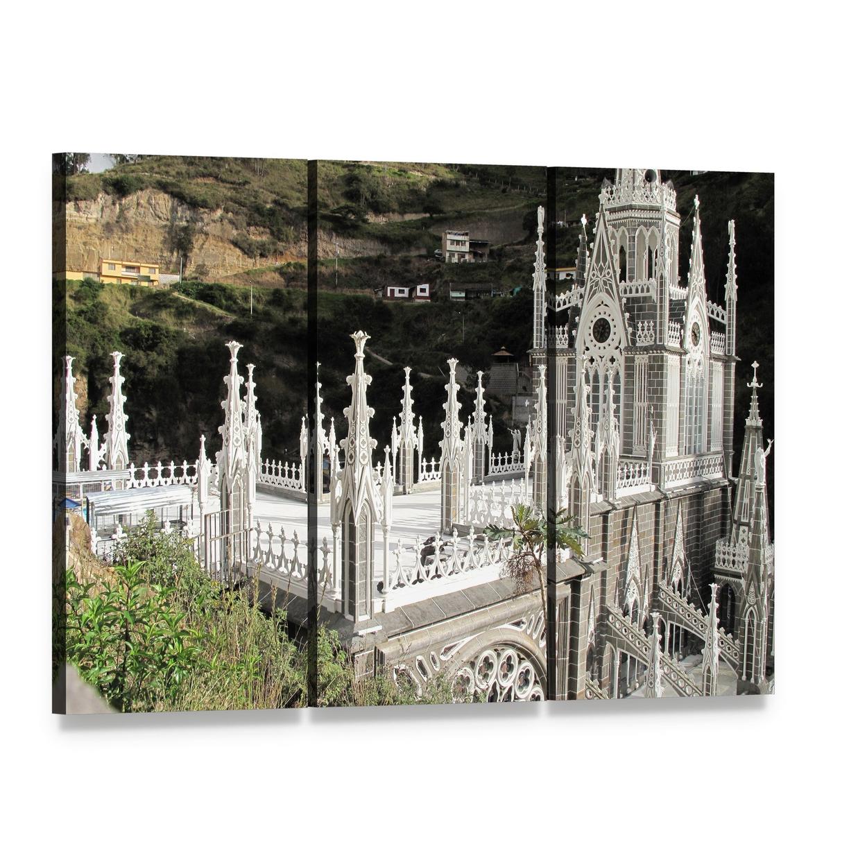 Las Lajas Church Gothic Architecture Canvas Wall Art, 3 panel 3 Horizontal layout gallery wrapped canvas set, angled product view