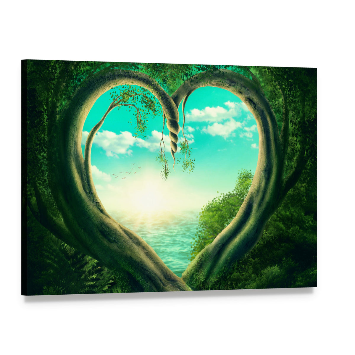 Two Trees Forming a Heart Canvas Wall Art, single panel gallery wrapped canvas, angled product view