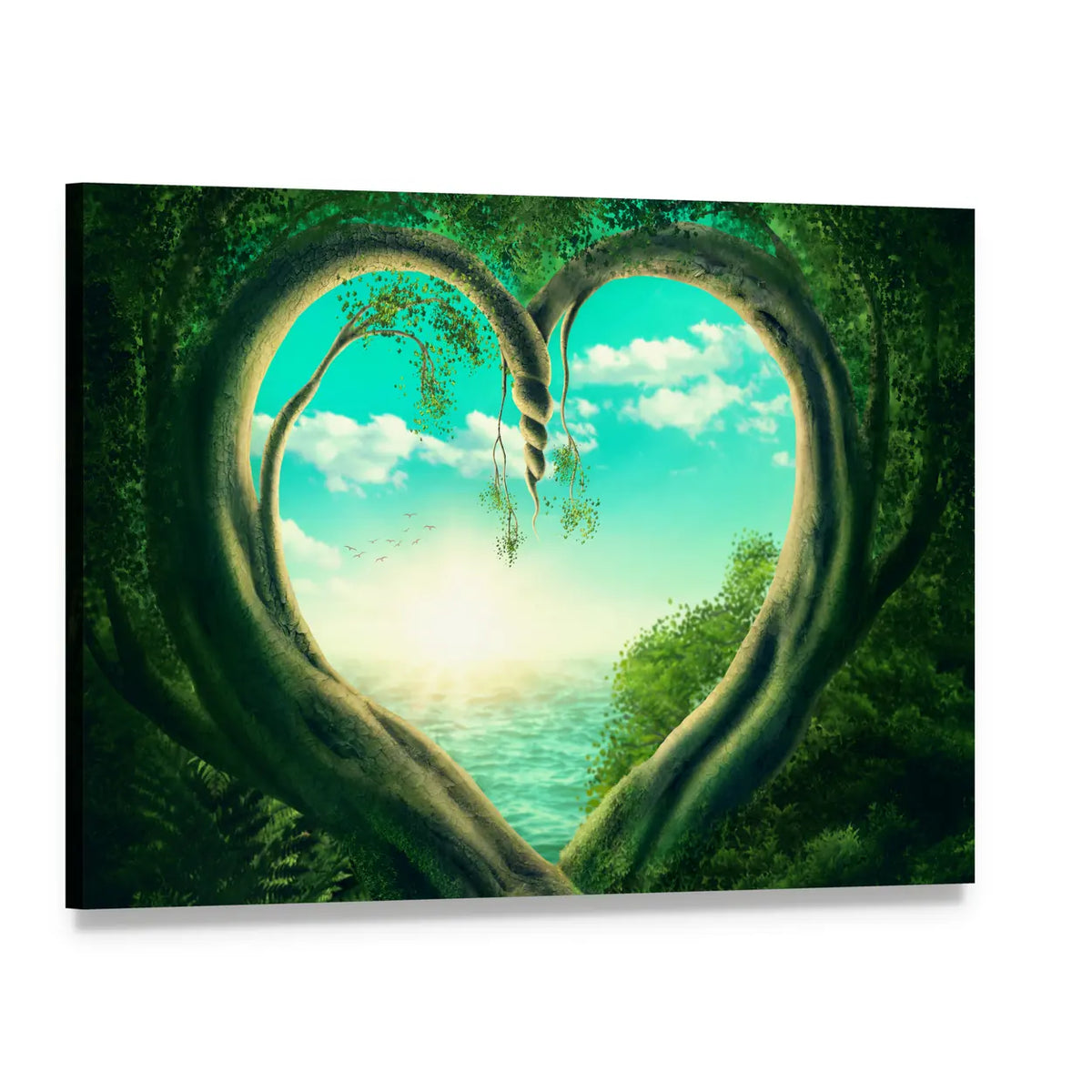 Two Trees Forming a Heart Canvas Wall Art, single panel gallery wrapped canvas, angled product view