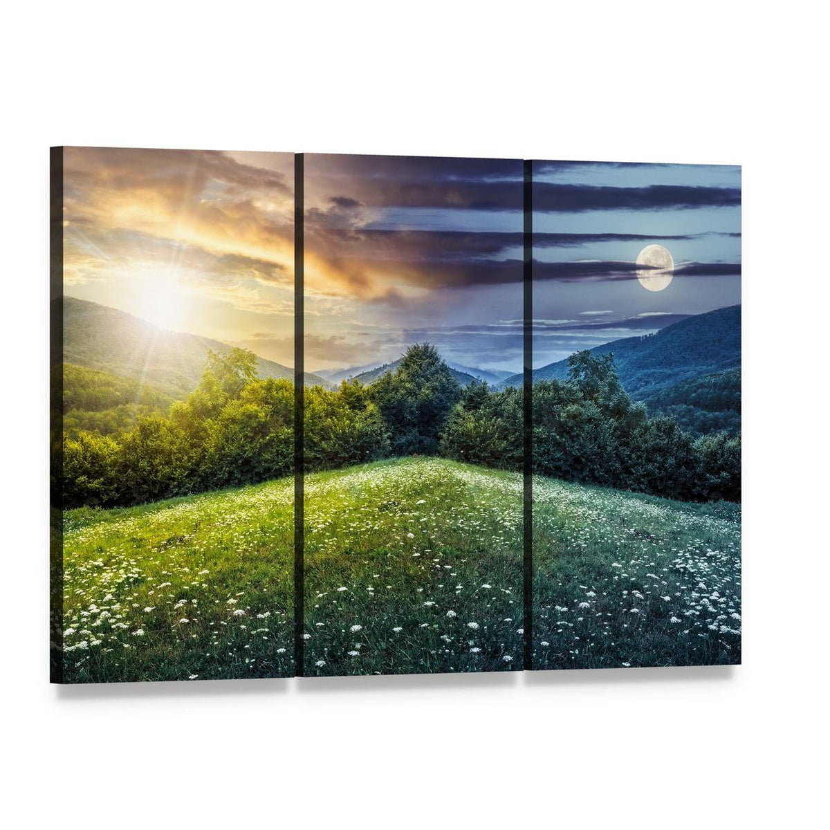 Sunlight on Hillside Meadows Canvas Wall Art, 3 panel 3 Horizontal layout gallery wrapped canvas set, angled product view