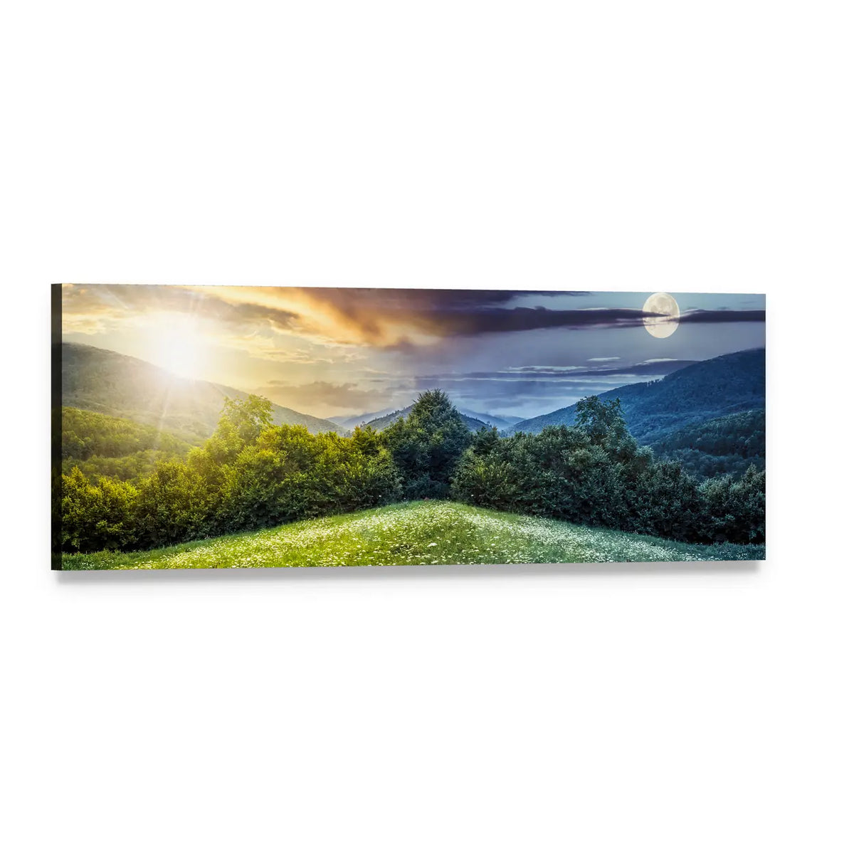 Sun and Moon Over Rolling Hills Panoramic Canvas Wall Art, single panel gallery wrapped canvas, angled product view