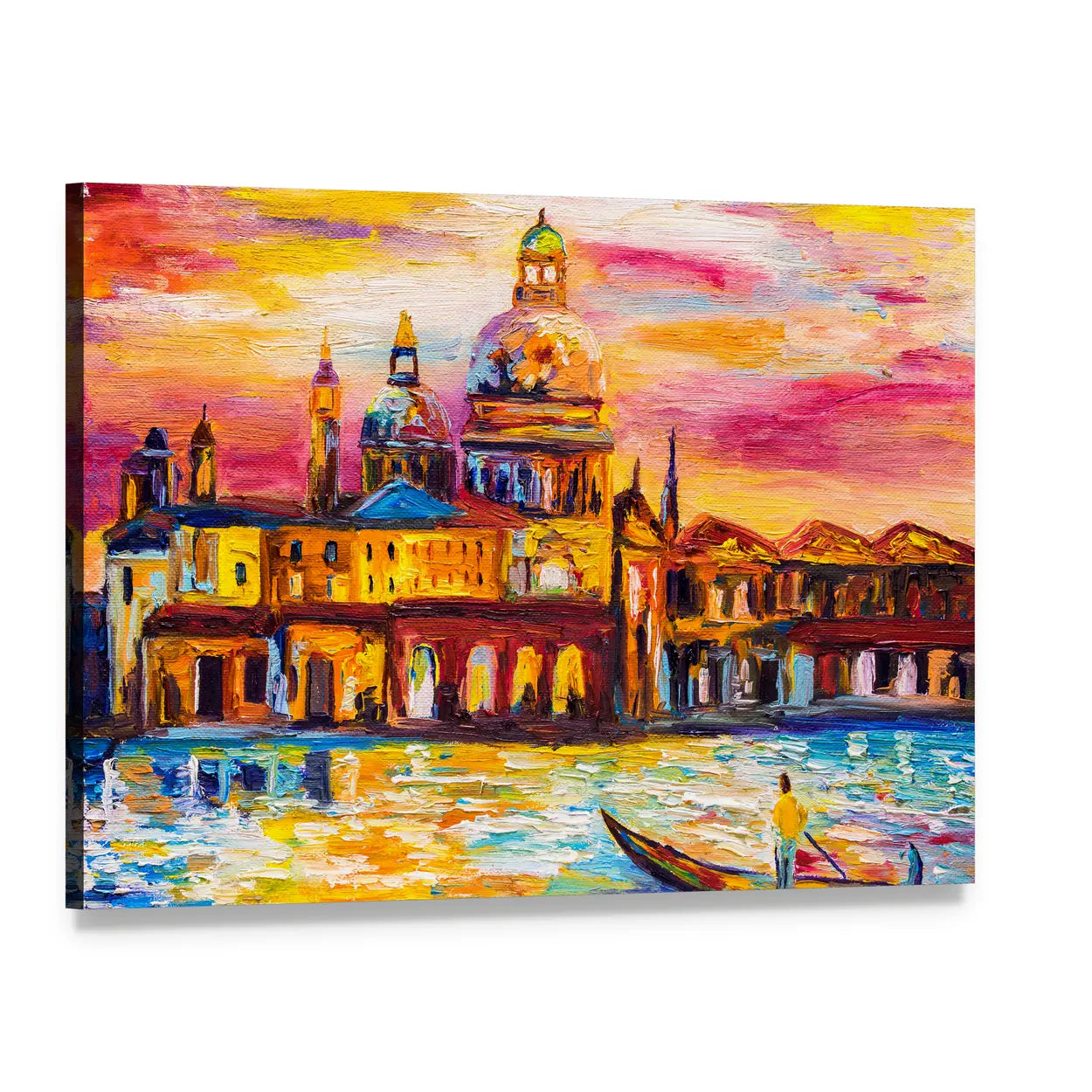 Venice Sunset Gondola Impression Canvas Wall Art, single panel gallery wrapped canvas, angled product view