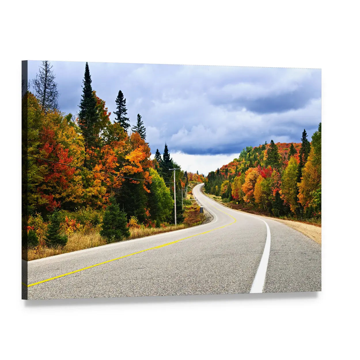 Winding Autumn Highway Through Forest Canvas Wall Art, single panel gallery wrapped canvas, angled product view